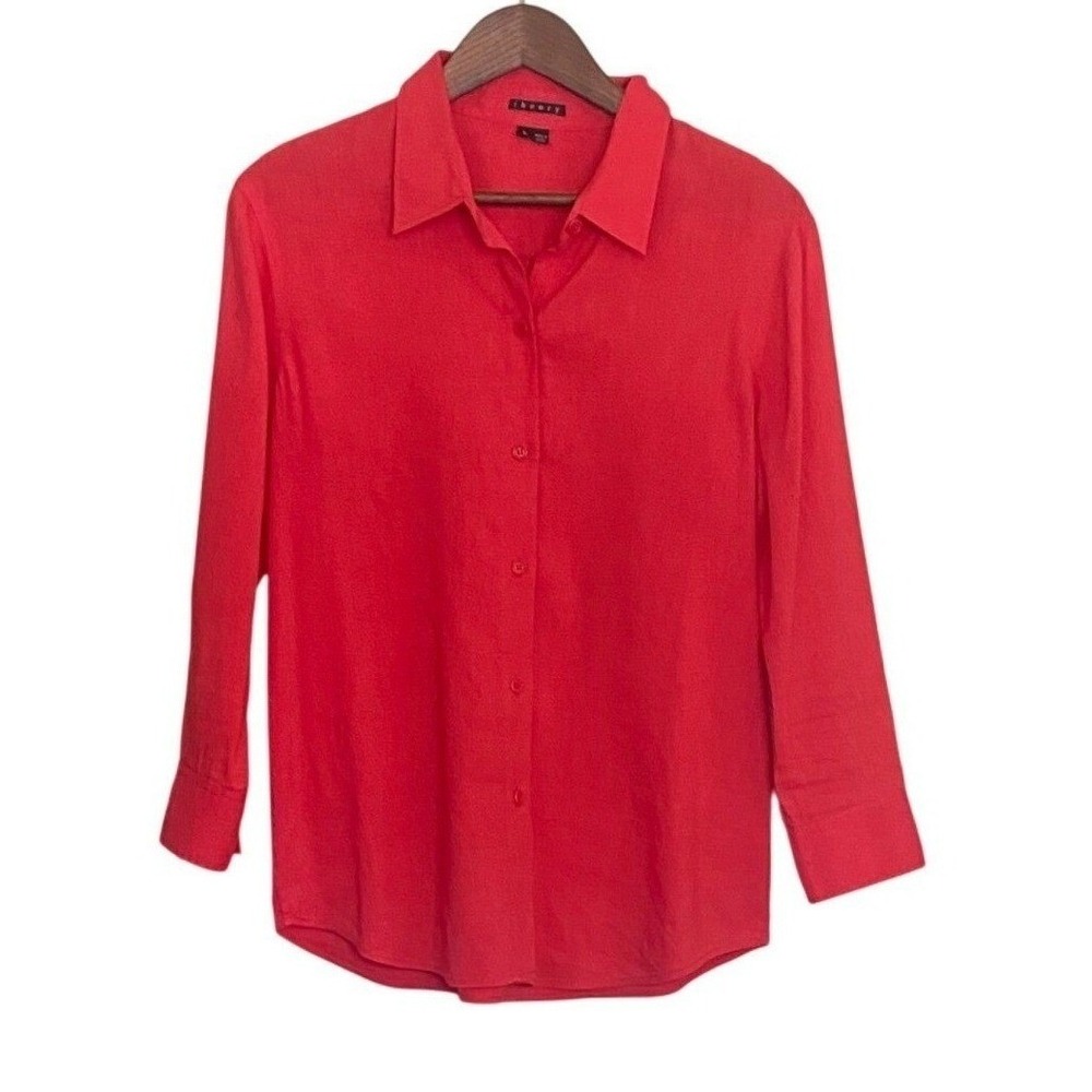 Theory Falai Women Button Down Shirt L Red Stretch Linen Blend Long Sleeve Top